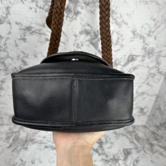 Vintage Brighton Black Leather Crossbody Bag Purse Brown Leather Braided Strap - Picture 7 of 10